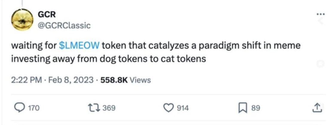 GCR post predicting $LMEOW would catalyze a shift from dog tokens to cat tokens